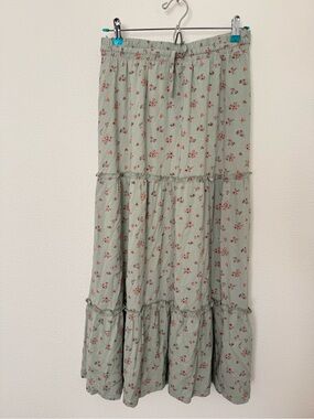 Laurel Grey Sage Ditsy Floral Tiered Boho Maxi Skirt XL Cottagecore Ruffle Flowy
